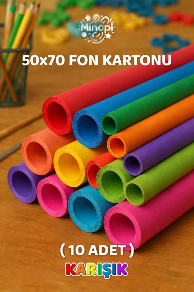 Renkli Fon Kartonu 50x70 cm 10 Renk Karışık Paket Rulo Fon Kartonu