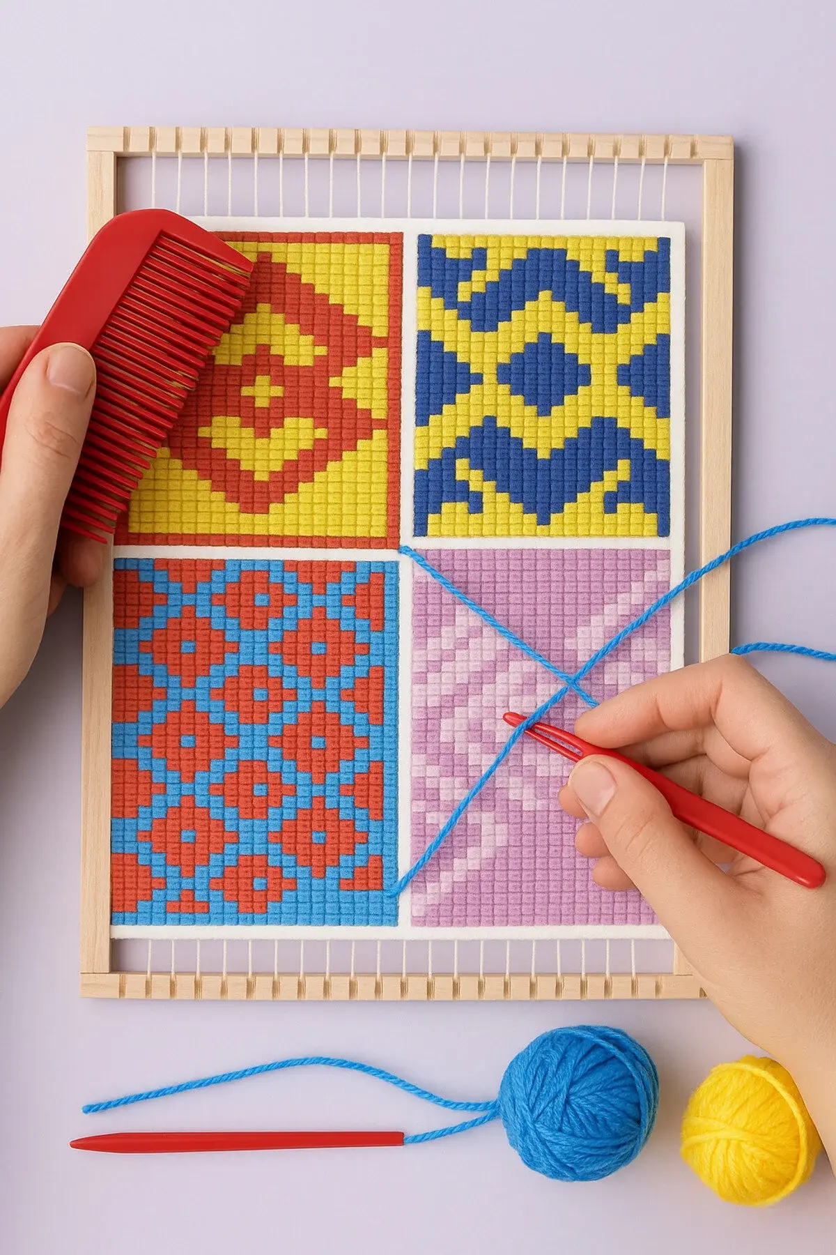 Ahşap Halı Dokuma Tezgahı 1 Paket Hobi Okul Elişi Çocuk Halı Dokuma Tezgah Seti 22x29 cm