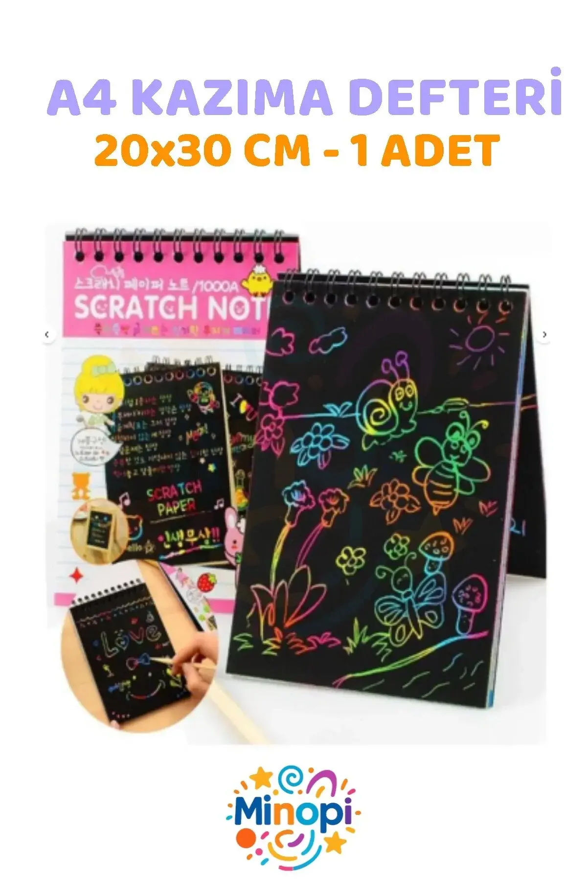 ( 1 Adet ) A4 Sihirli Gökkuşağı Defter 20x30 cm Siyah Kazıma Defteri Sprialli