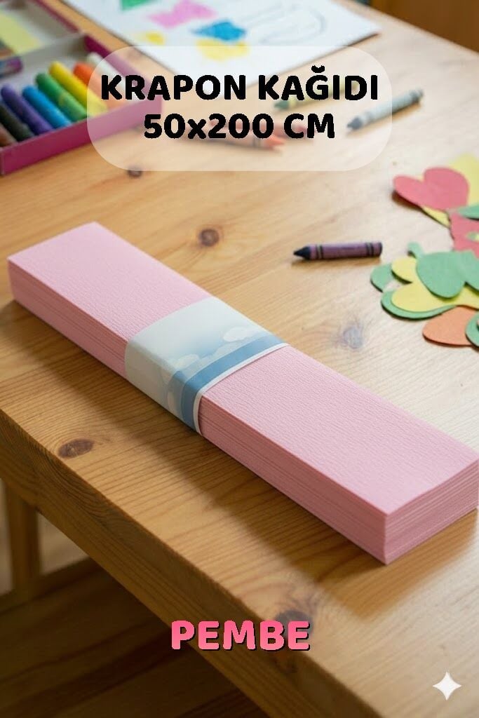 Pembe Krapon Kağıdı 10'lu Paket Renkli El İşi Kağıdı Okul Anaokulu Süsleme