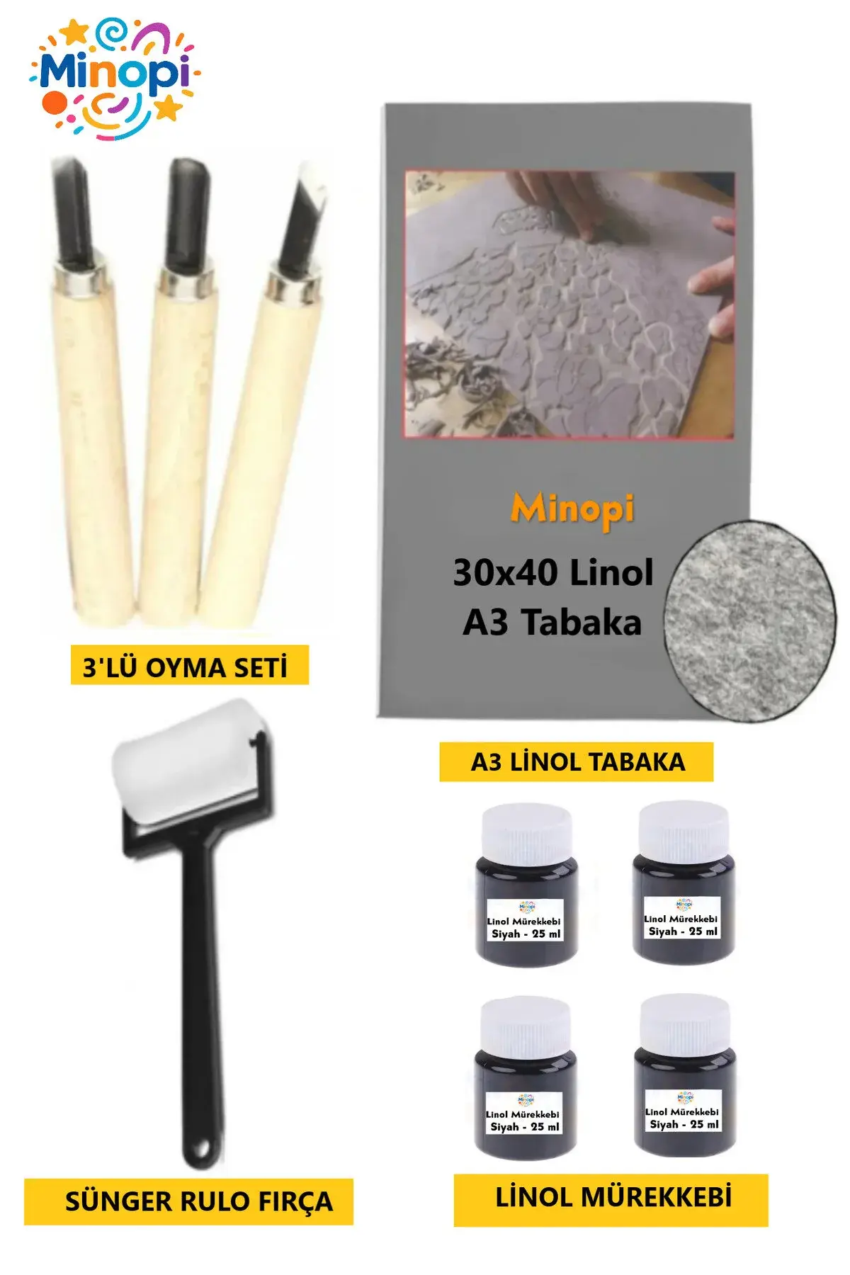 Linol Tabaka Levha 2.5 Mm 30x40 Cm , Siyah Mürekkep , Sünger Rulo Merdane , 3'lü Oyma Seti