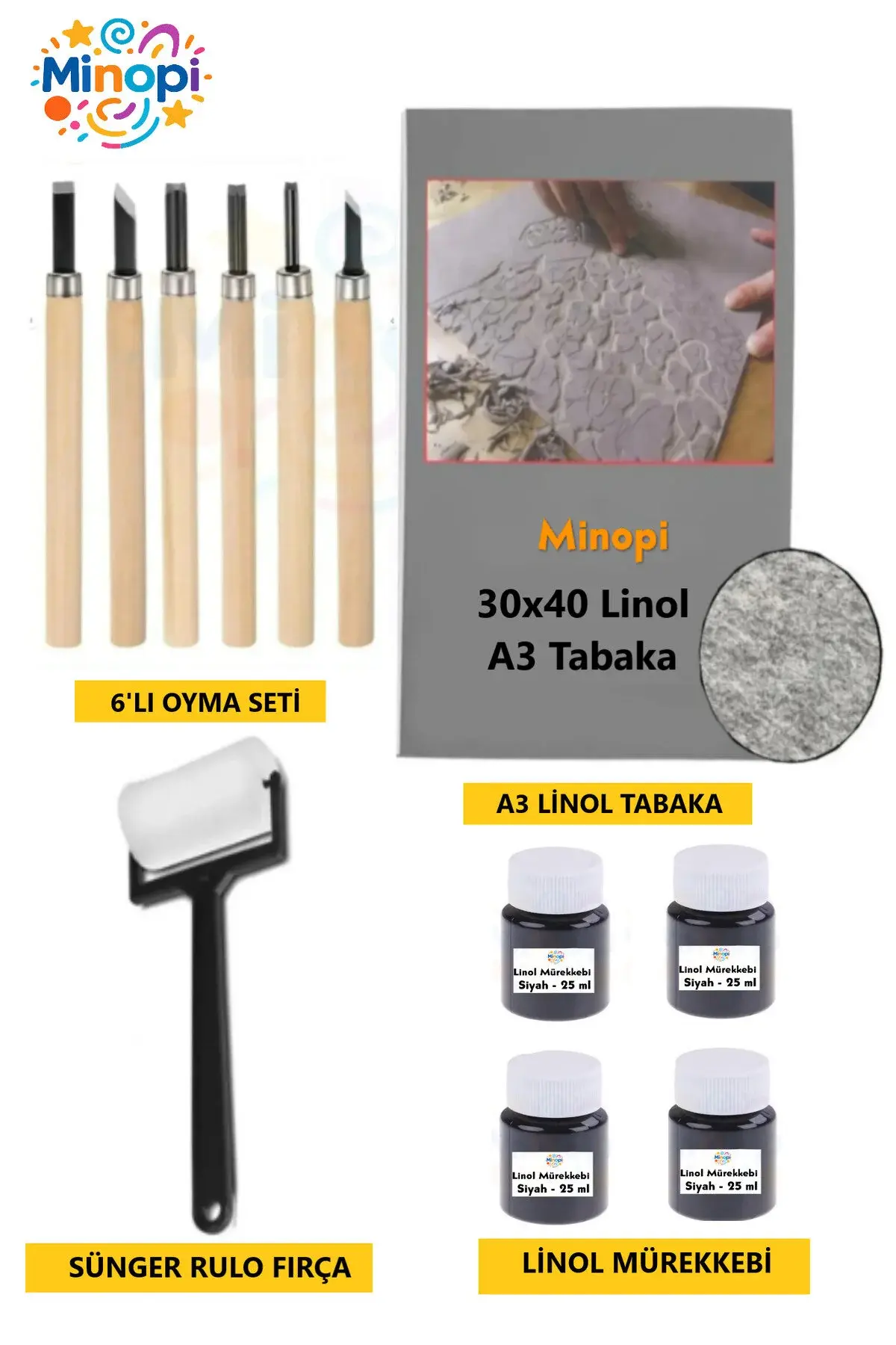 Linol Tabaka Levha 2.5 Mm 30x40 Cm , Siyah Mürekkep , Sünger Rulo Merdane , 6'lı Oyma Seti