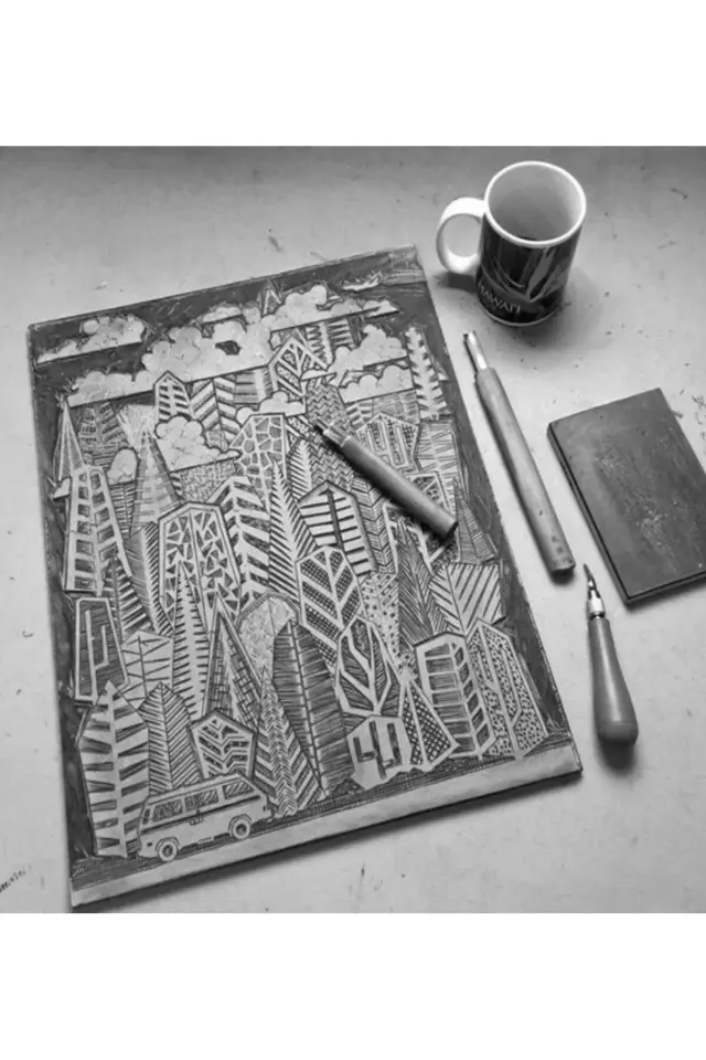 Linol Tabaka Levha 2.5 Mm 30x40 Cm , Siyah Mürekkep , Sünger Rulo Merdane , 5'li Oyma Seti