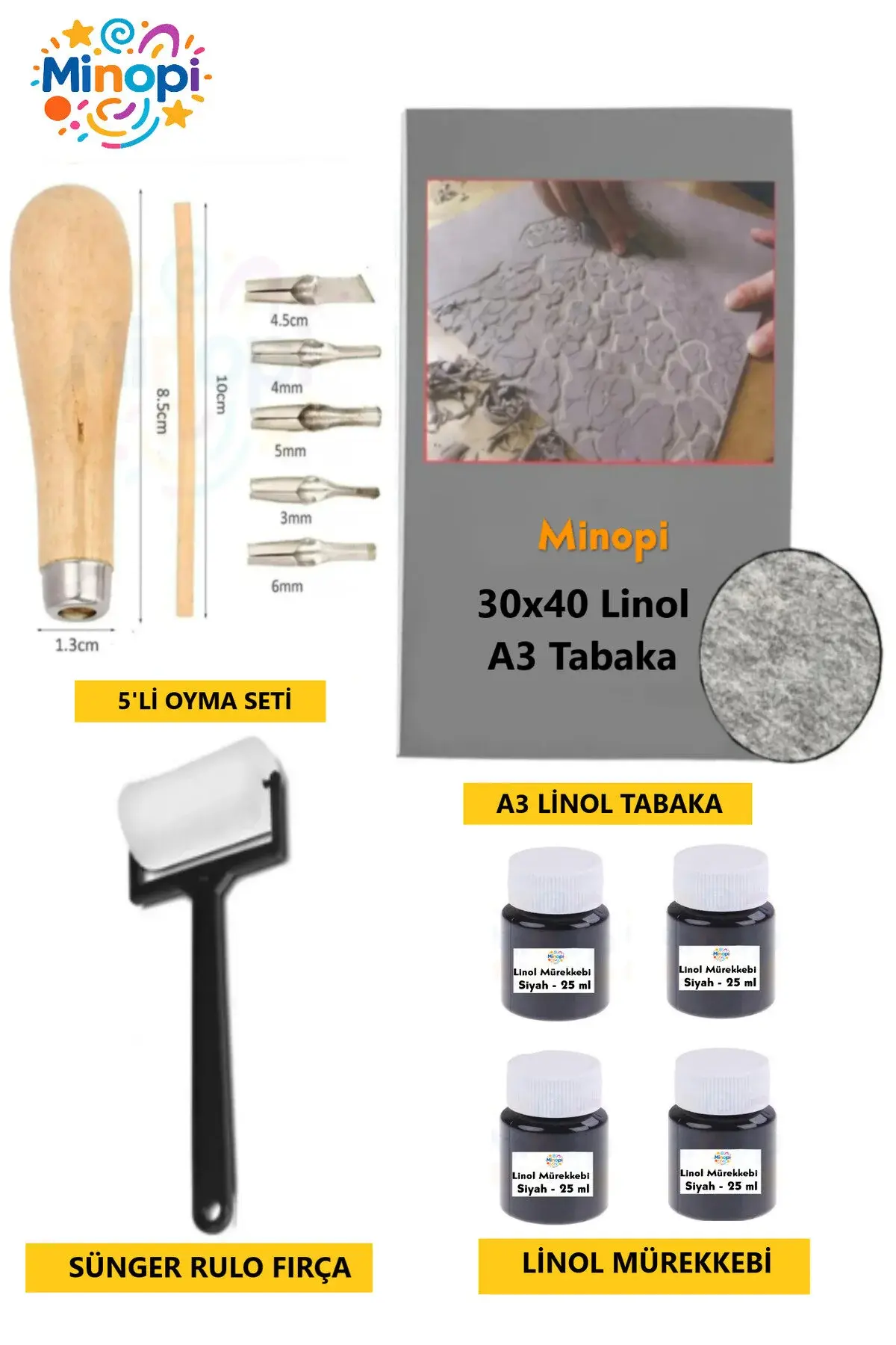 Linol Tabaka Levha 2.5 Mm 30x40 Cm , Siyah Mürekkep , Sünger Rulo Merdane , 5'li Oyma Seti