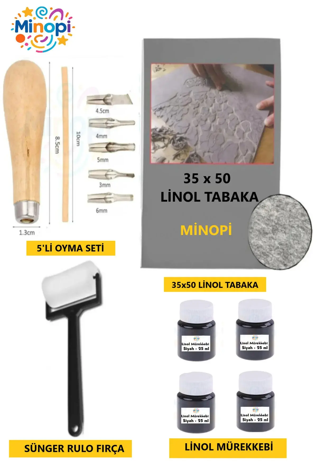 Linol Tabaka Levha 2.5 Mm 35x50 Cm , Siyah Mürekkep , Sünger Rulo Merdane , 5'li Oyma Seti