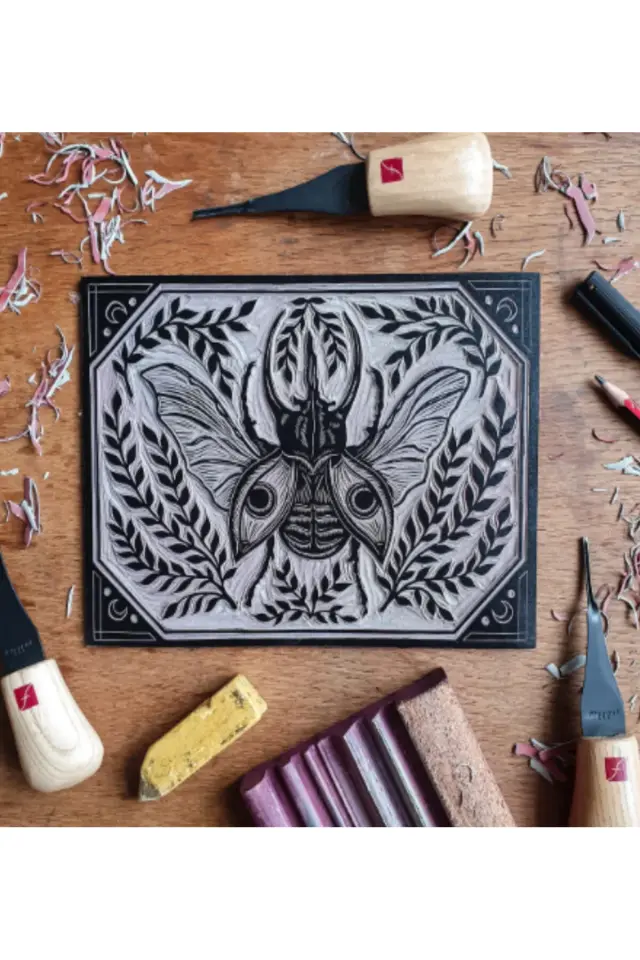 Linol Tabaka Levha 2.5 Mm 20X30 Cm , Siyah Mürekkep , Rulo Sünger , 3'lü Oyma Seti , Linol Baskı