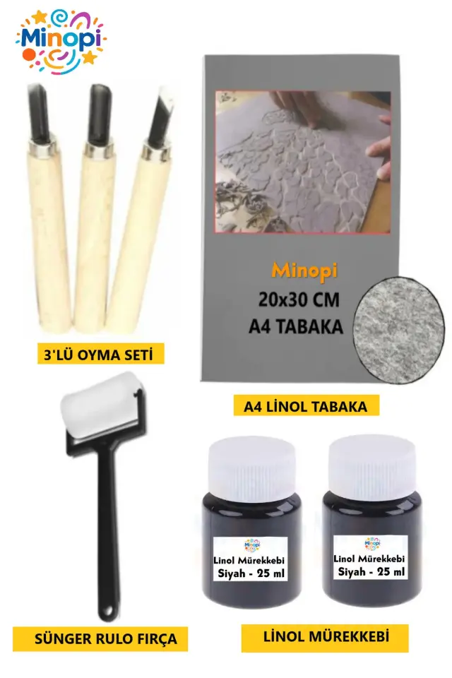 Linol Tabaka Levha 2.5 Mm 20X30 Cm , Siyah Mürekkep , Rulo Sünger , 3'lü Oyma Seti , Linol Baskı