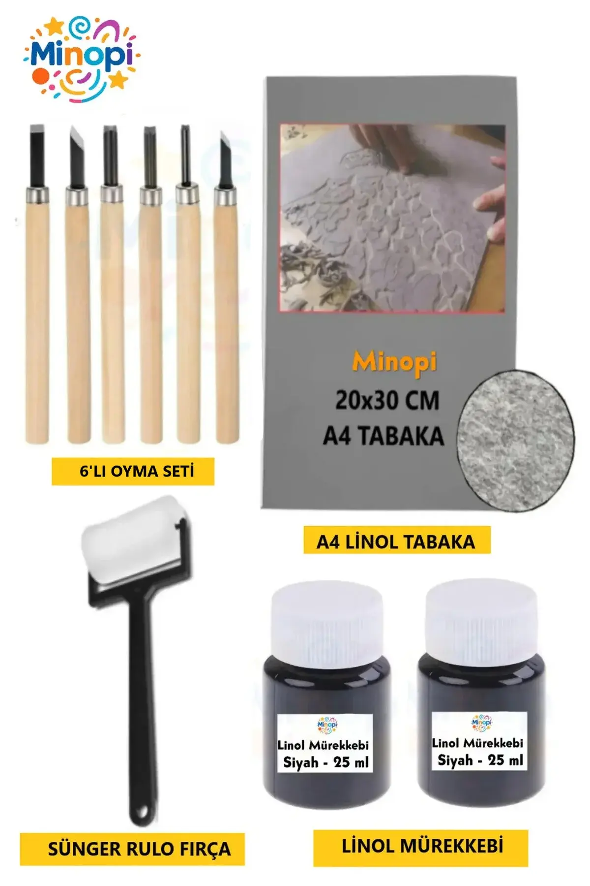 Linol Tabaka Levha 2.5 Mm 20x30 Cm , Siyah Mürekkep , Sünger Rulo Merdane , 5'li Oyma Seti