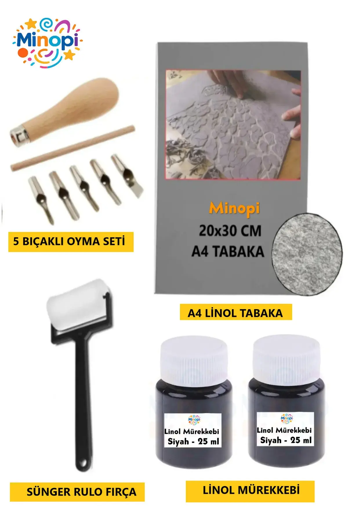 Linol Tabaka Levha 2.5 Mm 20X30 Cm , 2x Siyah Mürekkep , Rulo Sünger , 5'li Oyma Seti , Linol Baskı