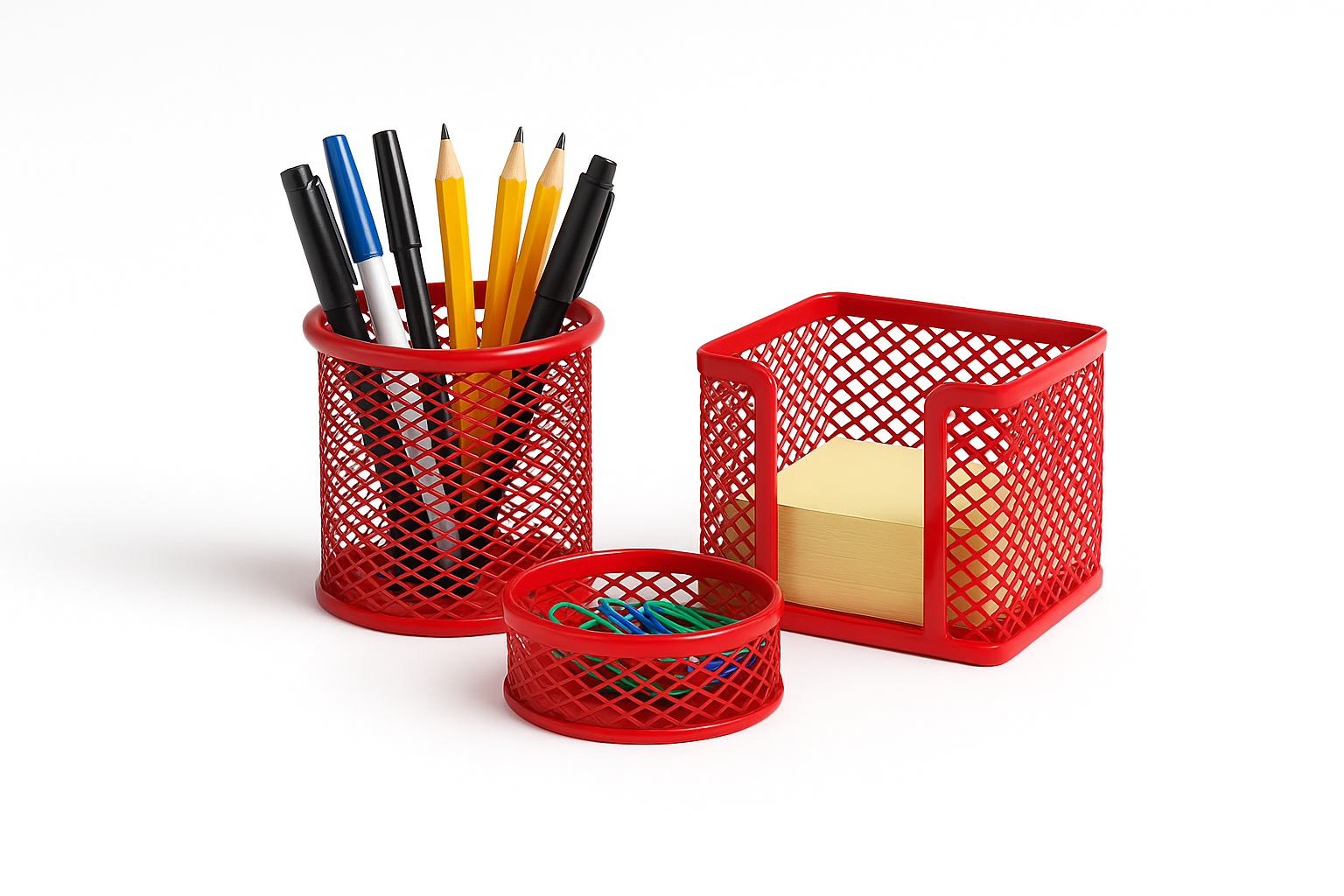3'lü Ofis Seti Kırmızı Renk  | Kalemlik | Ataşlık | Kağıtlık |