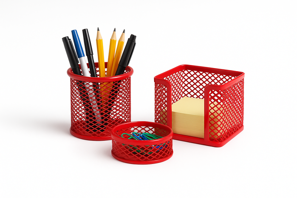3'lü Ofis Seti Kırmızı Renk  | Kalemlik | Ataşlık | Kağıtlık |