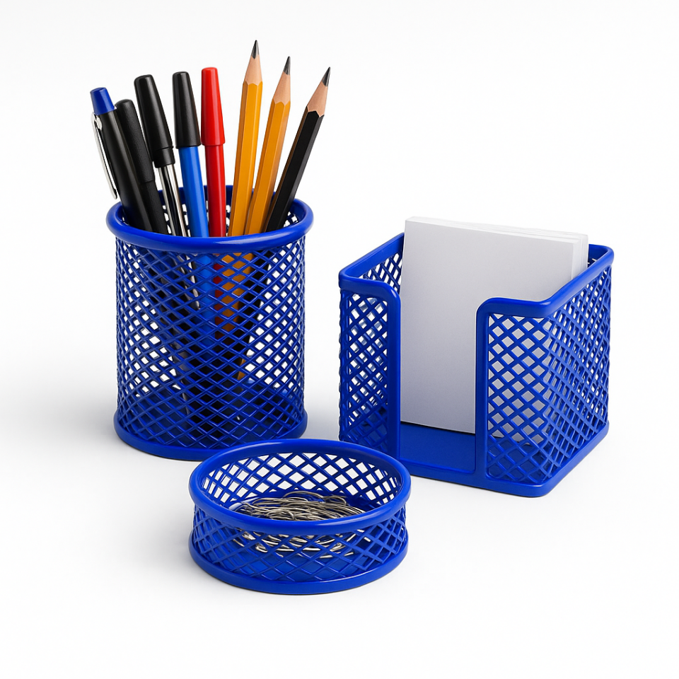 3'lü Ofis Seti Mavi Renk  | Kalemlik | Ataşlık | Kağıtlık |