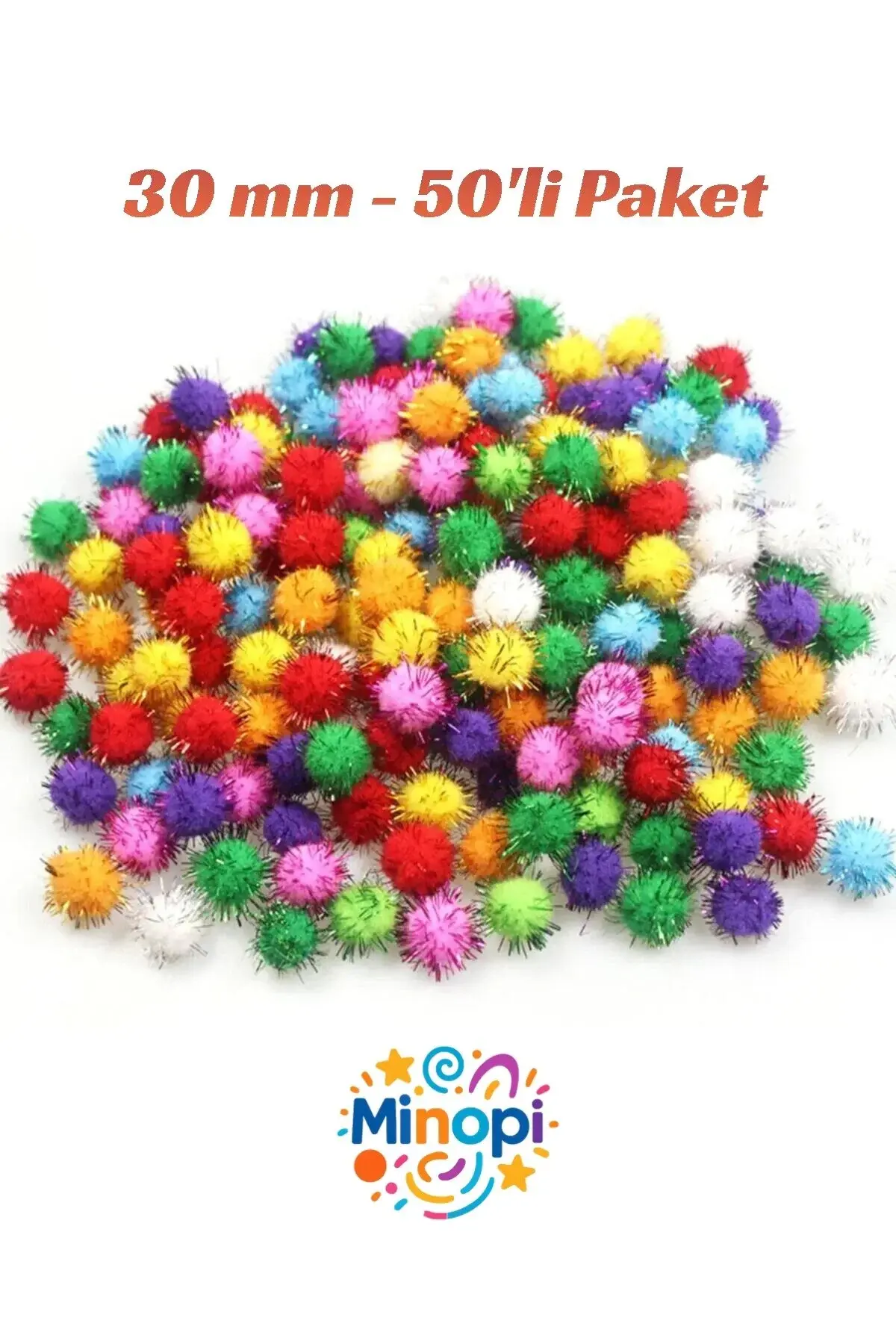 Renkli Simli Ponpon Peluş Top 50'li Paket 30 mm Hobi Tasarım Anasınıfı Kreş Etkinlik Elişi