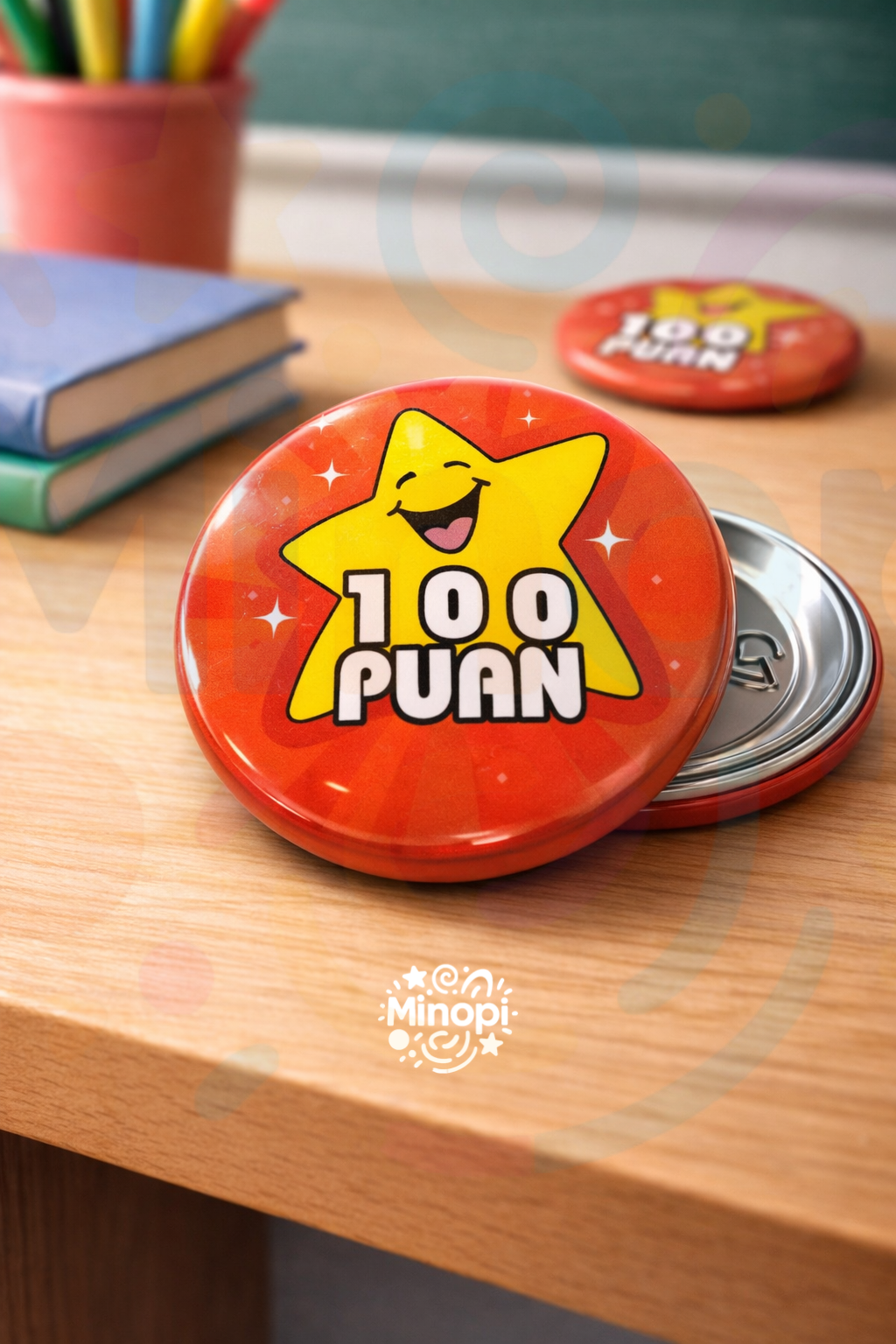 100 Puan Yıldız Baskılı Rozet Plastik Çengelli Rozet