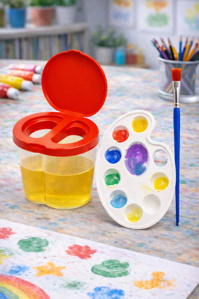 Sulu Boya Seti 3'lü Set ( Kırmızı Su Kabı + Resim Paleti + Fırça ) Anaokulu Resim Malzemesi Kreş