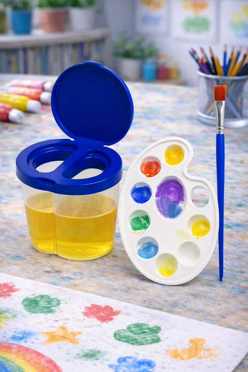 Sulu Boya Seti 3'lü Set ( Lacivert Su Kabı + Resim Paleti + Fırça ) Anaokulu Resim Malzemesi Kreş