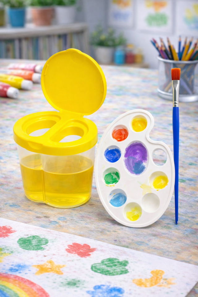 Sulu Boya Seti 3'lü Set ( Sarı Su Kabı + Resim Paleti + Fırça ) Anaokulu Resim Malzemesi Kreş