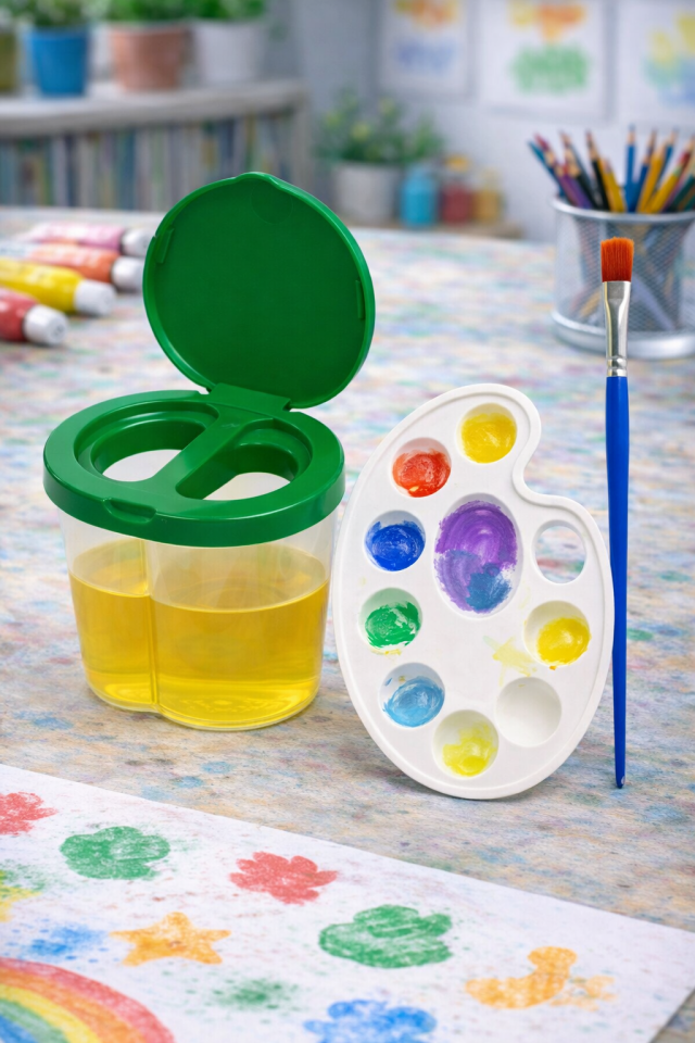 Sulu Boya Seti 3'lü Set ( Yeşil Su Kabı + Resim Paleti + Fırça ) Anaokulu Resim Malzemesi Kreş