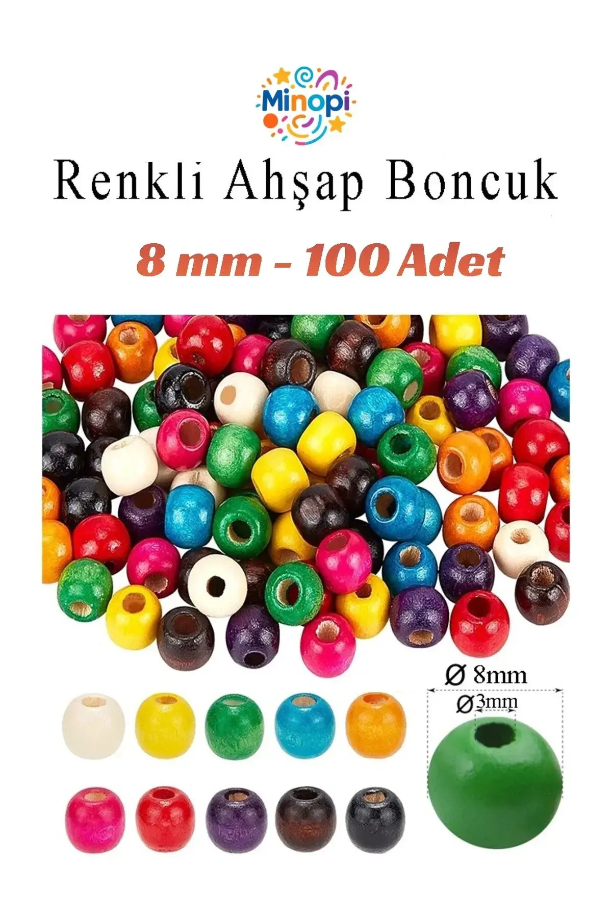 Renkli Ahşap Boncuk 8 mm 100 Adet Tahta Boncuk El İşi Okul Öncesi Kreş Anasınıfı Proje Tasarım