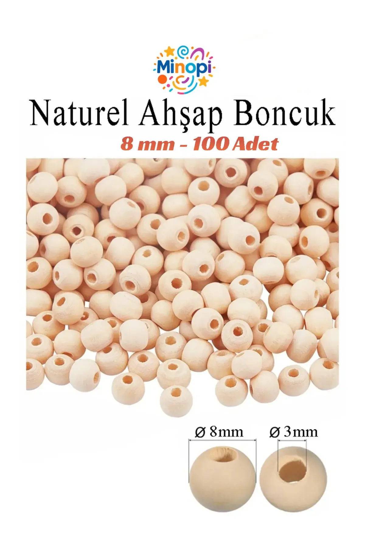 Natural Ahşap Boncuk 8 mm 100 Adet Tahta Boncuk El İşi Okul Öncesi Kreş Anasınıfı Proje Tasarım