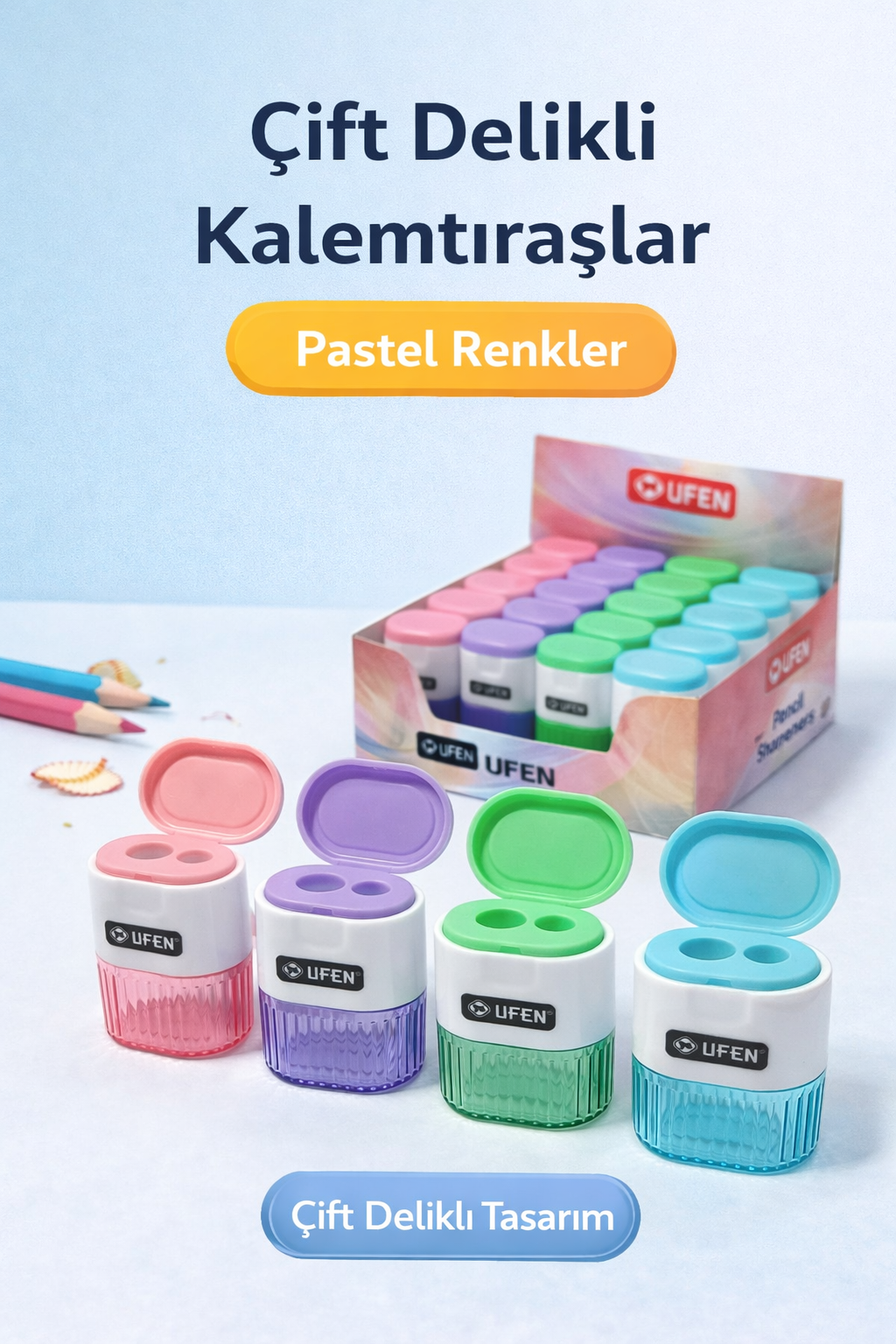 Çift Delikli Hazneli Pastel Renk Kalemtıraş