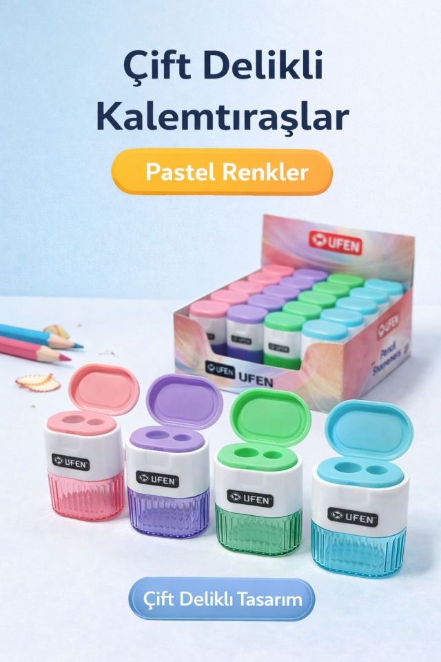 Çift Delikli Hazneli Pastel Renk Kalemtıraş