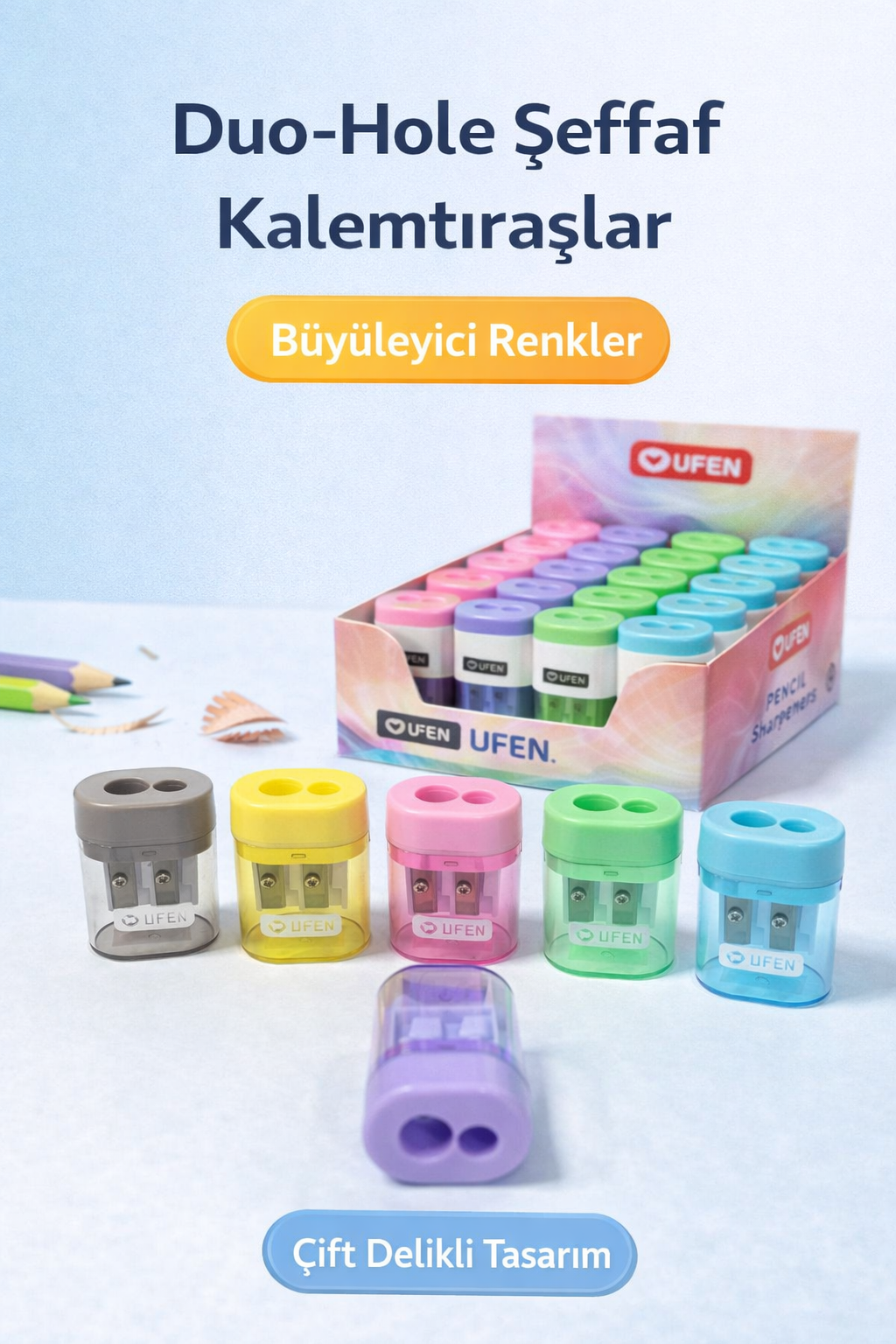 Çift Delikli Hazneli Renkli Kalemtıraş
