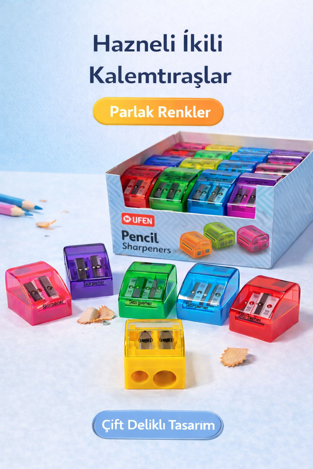 Çift Delikli Hazneli Renkli Kalemtıraş Klasik Model