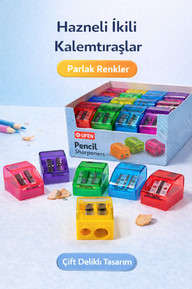 Çift Delikli Hazneli Renkli Kalemtıraş Klasik Model