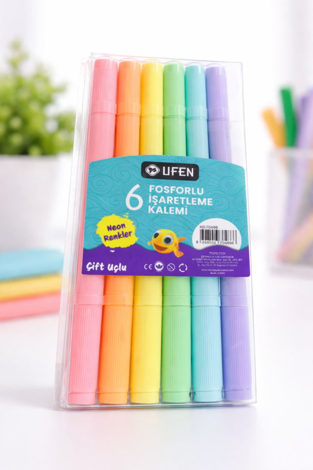 Ufen 6'lı Fosforlu Çift Uçlu İşaretleme Kalemi Pastel Renkler