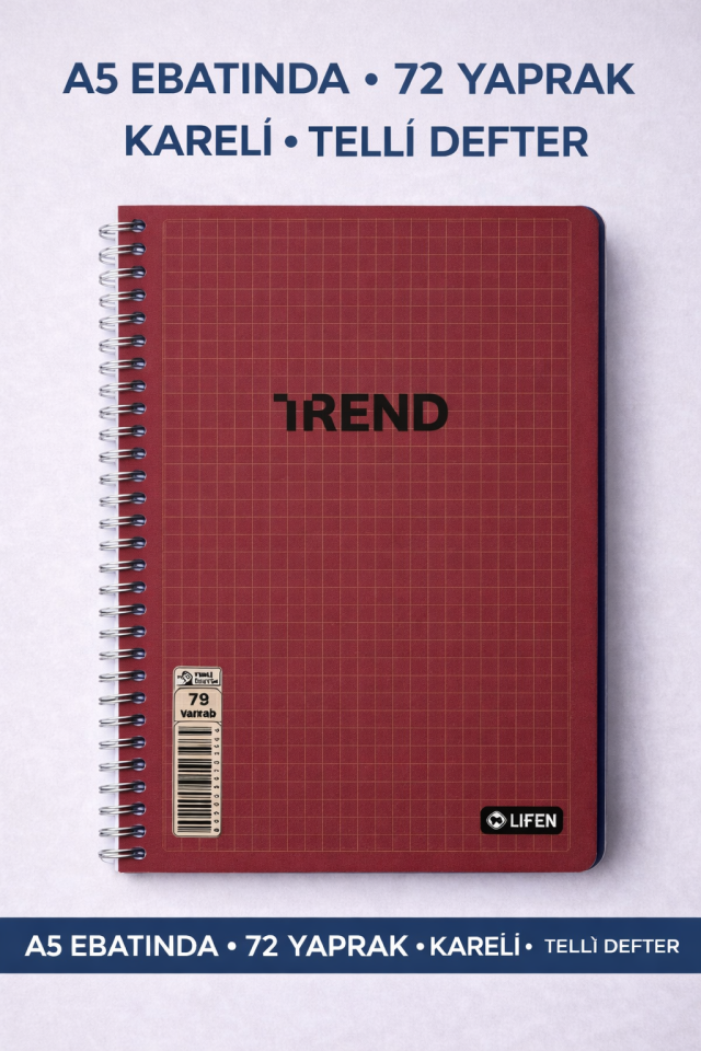 A5 Telli PP Kapak 72 Yaprak Kareli Defter