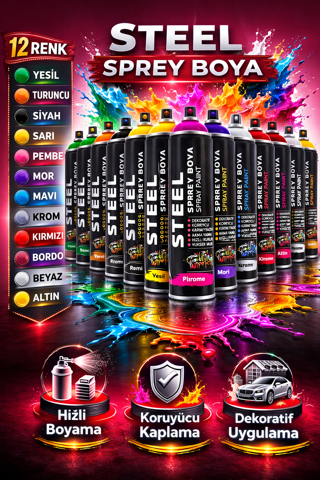 12 Renk Sprey Boya Seti | Metal Ahşap Plastik İçin Çok Amaçlı Çabuk Kuruyan Boya