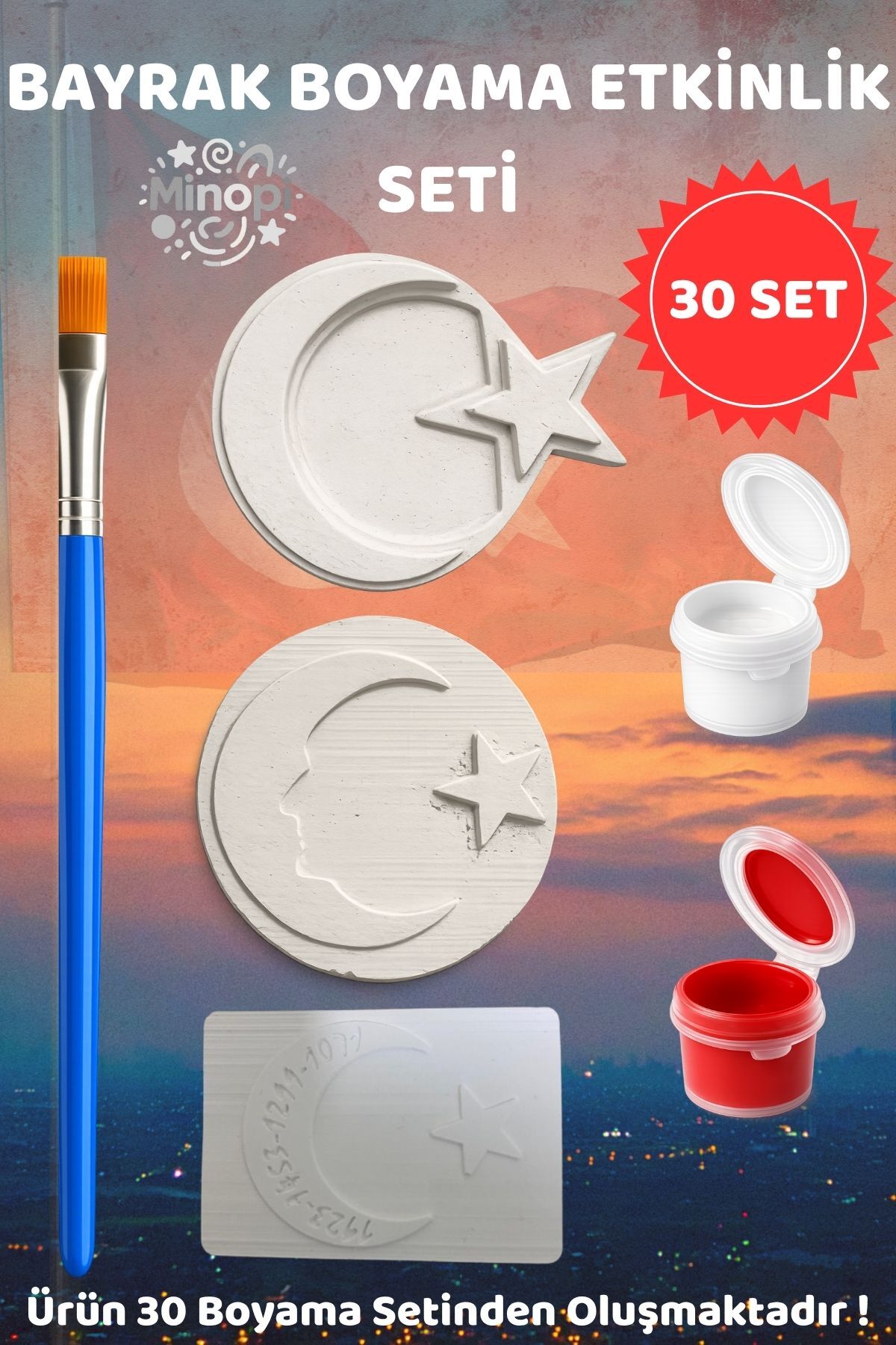 3’lü Bayrak Boyama Seti 30’lu – Ay Yıldız & Atatürk Temalı Okul Etkinlik Kiti Boya Fırça Dahil