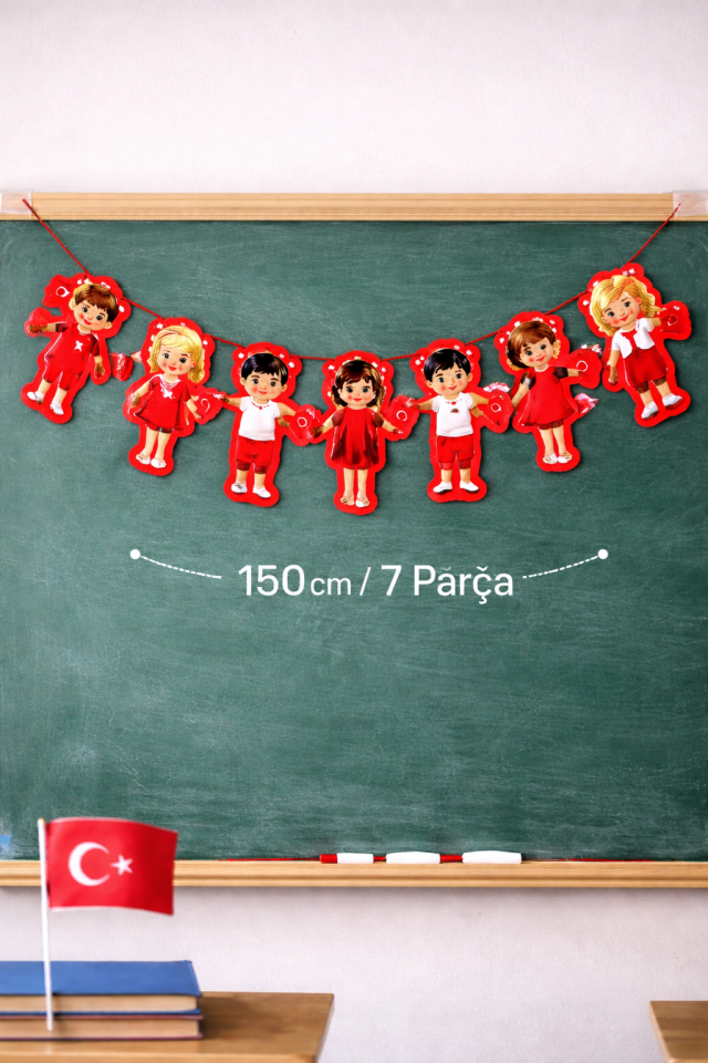 23 Nisan Süsleme Banner 150 cm 7 Parça Çocuk Figürlü Sınıf Duvar Süsü