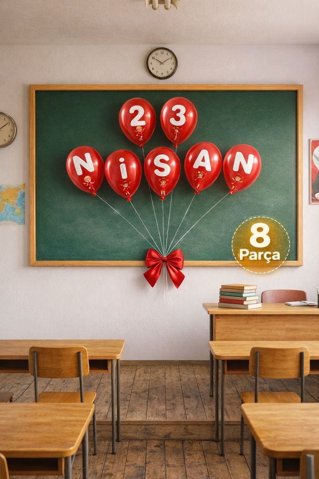 23 Nisan Balon Afiş Seti 8 Parça Nisan Yazılı Kırmızı Parti Balonu Süsleme Seti