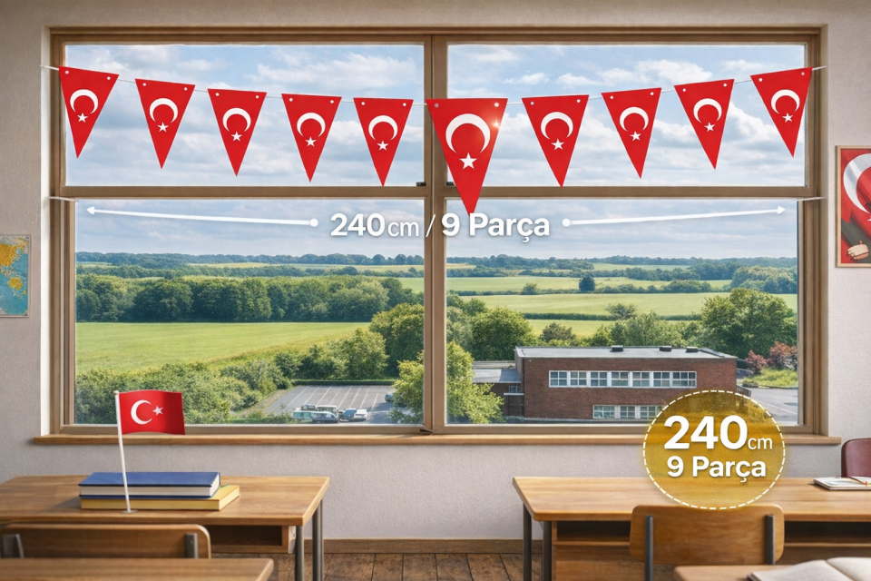 Türk Bayrağı Flama Süs 240 cm 9 Parça Üçgen Bayrak Sınıf Süsleme Seti