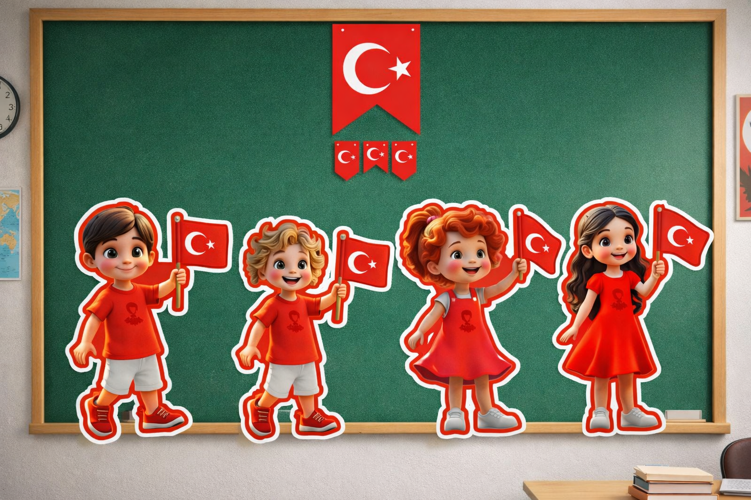 23 Nisan Çocuk Figürlü Süsleme Seti Türk Bayraklı Sınıf Duvar Pano Süsü 8 Parça
