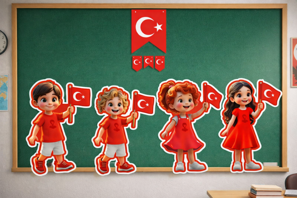 23 Nisan Çocuk Figürlü Süsleme Seti Türk Bayraklı Sınıf Duvar Pano Süsü 8 Parça