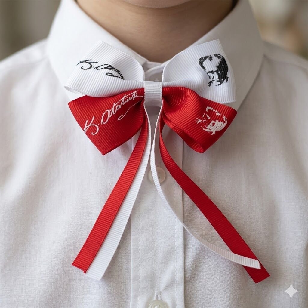 Atatürk İmzalı ve Portreli Kırmızı Beyaz Çocuk Yaka İğnesi - 23 Nisan ve Milli Bayramlar Özel Tasarım Fiyonk