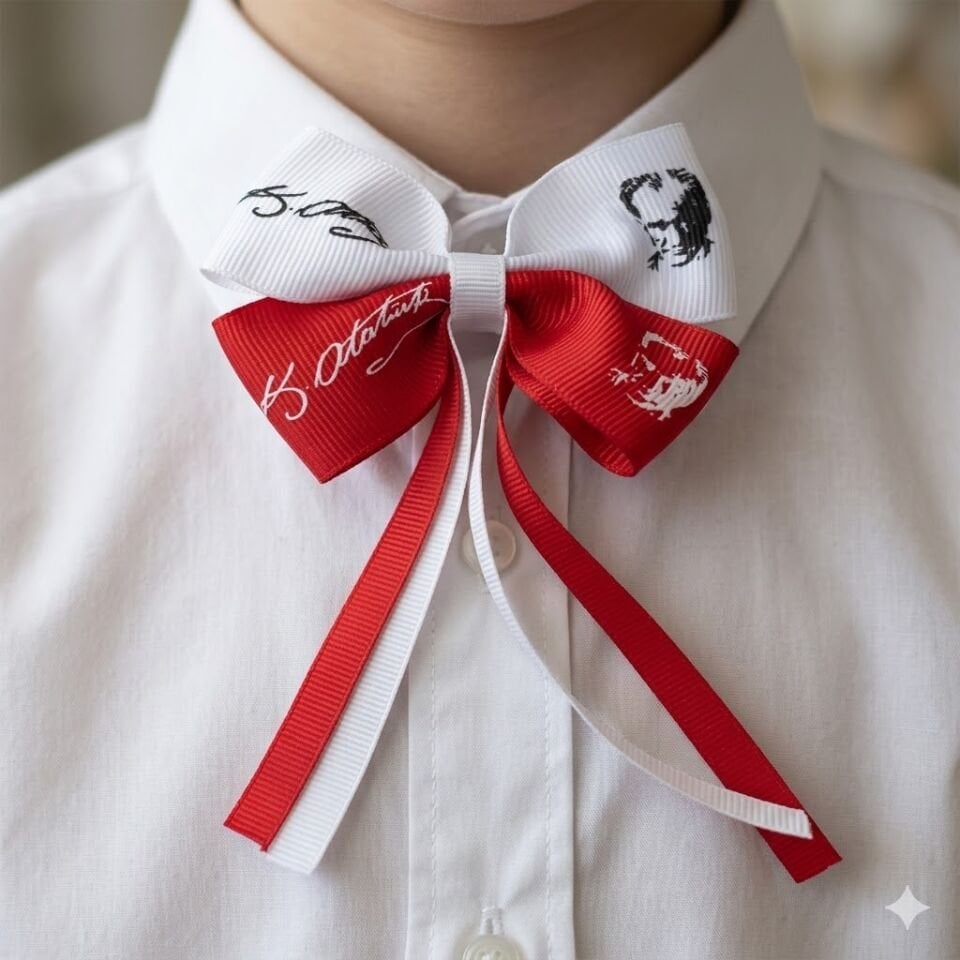 Atatürk İmzalı ve Portreli Kırmızı Beyaz Çocuk Yaka İğnesi - 23 Nisan ve Milli Bayramlar Özel Tasarım Fiyonk