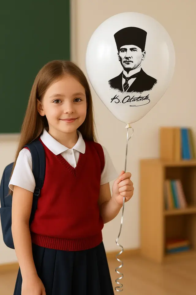 ( 100 Adet ) Atatürk Baskılı Balon Beyaz Balon Milli Bayram Süsleme
