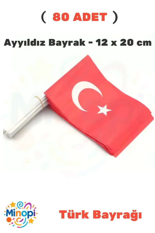 ( 80 Adet ) Vatan Küçük Boy Çıtalı Kağıt Türk Bayrağı Ay Yıldız Bayrak 12 x 20 cm