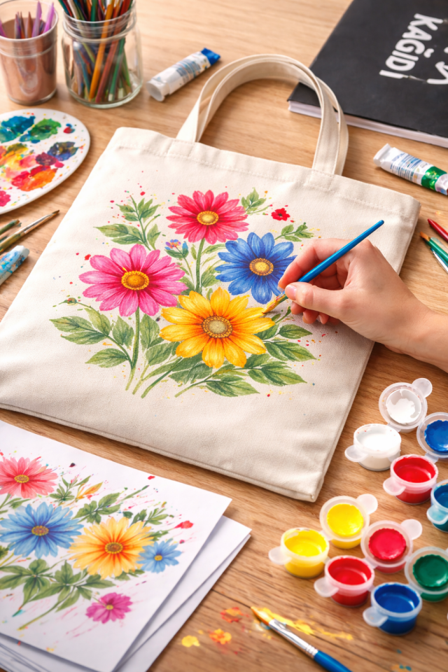 Bez Çanta Boyama Seti 6 Renk Kumaş Boyası Detay Fırçası Bez Torba