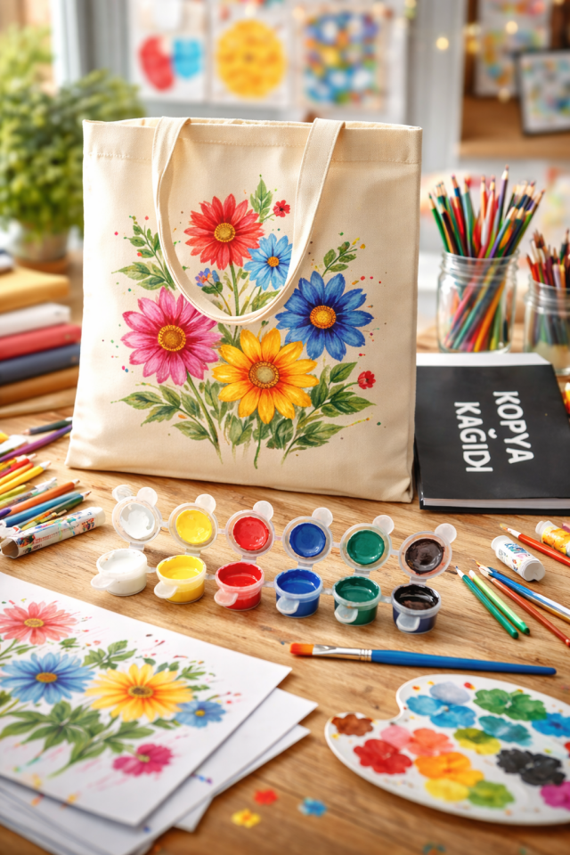 Bez Çanta Boyama Seti 6 Renk Kumaş Boyası Detay Fırçası Bez Torba