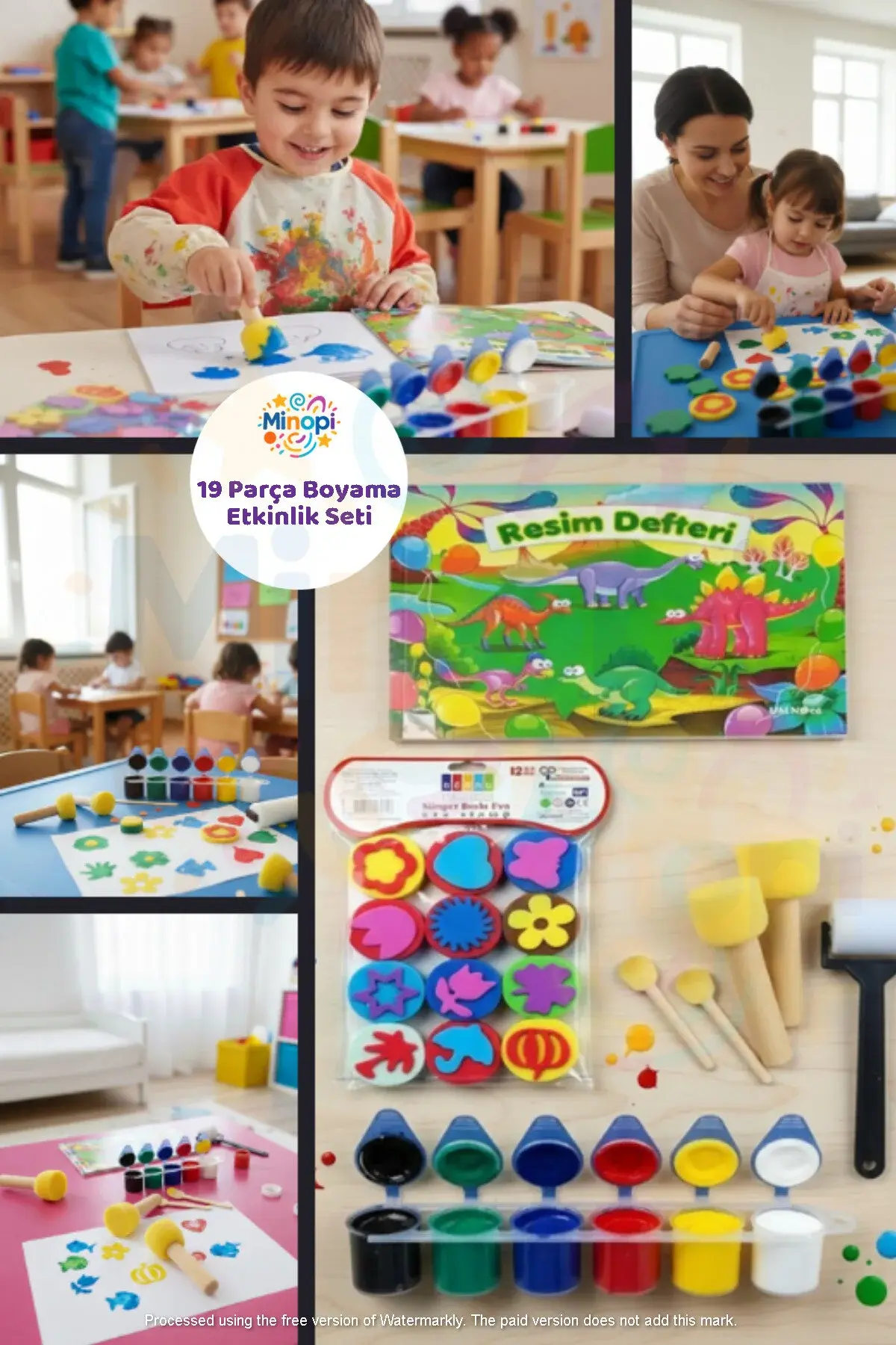 Parmak Boyası Resim Defteri 12 Li Eva Baskı Ponpon Fırça Sünger Rulo Fırça Set Hobi Etkinlik Set