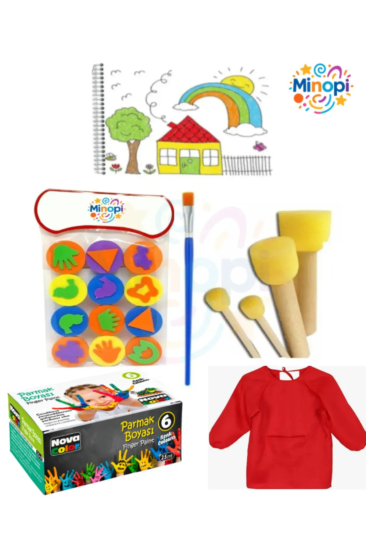 Parmak Boyama Seti , Resim Defteri, Boya, Eva Sünger, Fırça , Boyama Önlüğü , Resim Fırçası