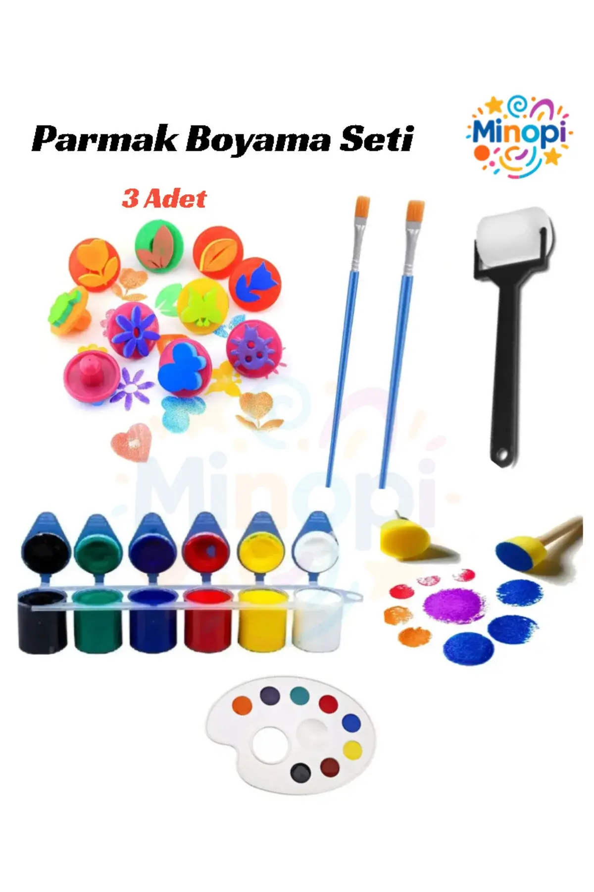 6x25 ml Parmak Boyası, 3 Adet Eva Baskı, Ponpon Fırça, Sünger Rulo, Palet, Fırça Çocuk Boyama Seti