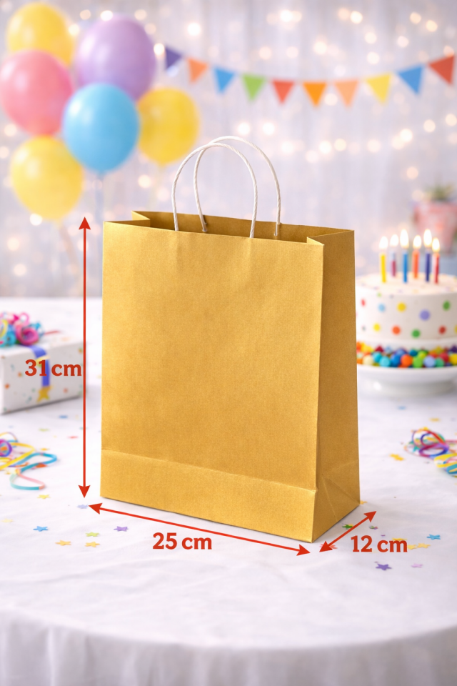 24 Adet Büküm Saplı Altın Çanta 25x12x31 cm Kağıt Çanta