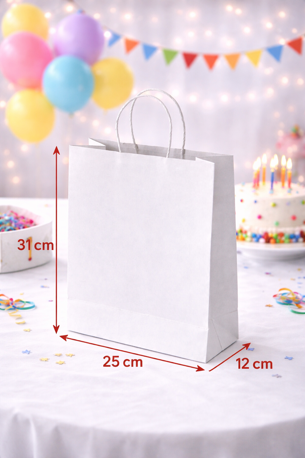 24 Adet Büküm Saplı Beyaz Çanta 25x12x31 cm Kağıt Çanta