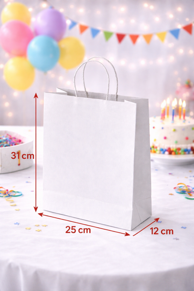 24 Adet Büküm Saplı Beyaz Çanta 25x12x31 cm Kağıt Çanta